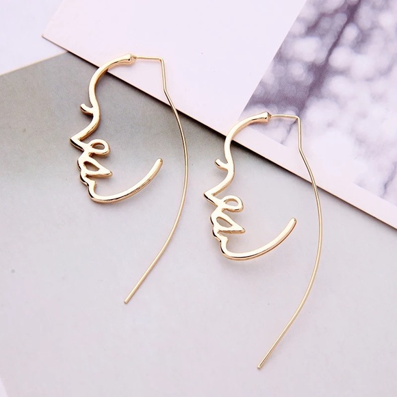 Outline Face Abstract Gold Tone Drop Earrings - Picture 4 of 6